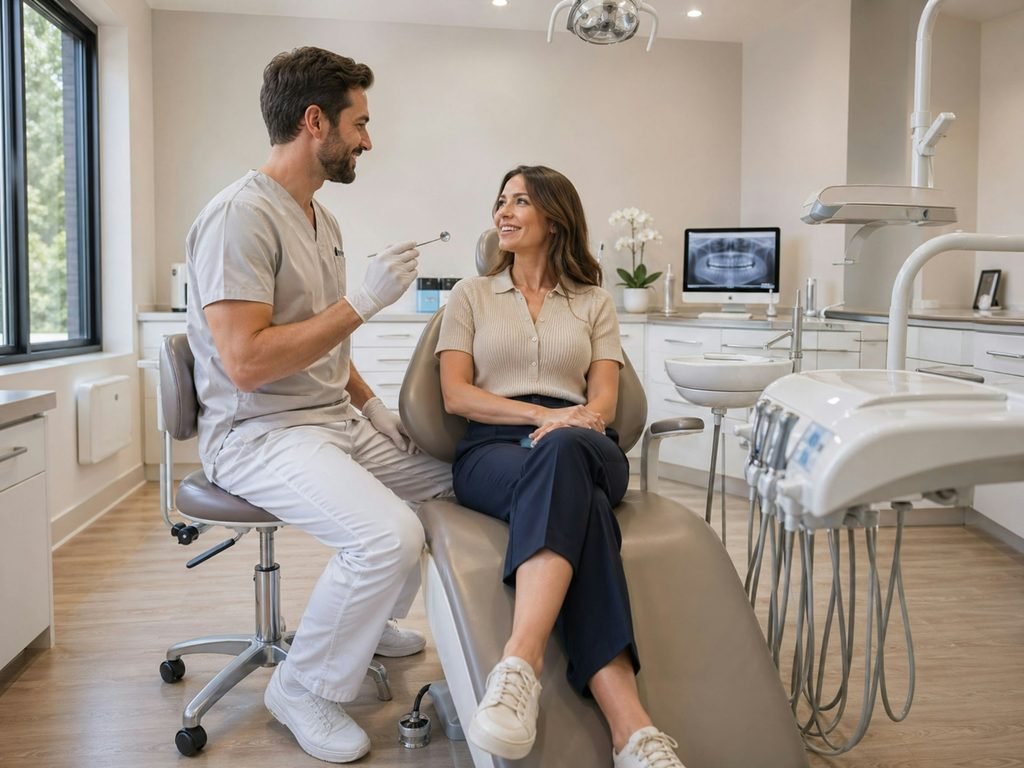 Dentista conversando con paciente en consultorio dental moderno, creando un ambiente amigable y profesional.